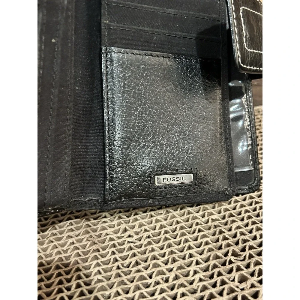 Fossil Trifold Wallet Womens Black Leather Checkbook Pen Holder Change‎ Cards